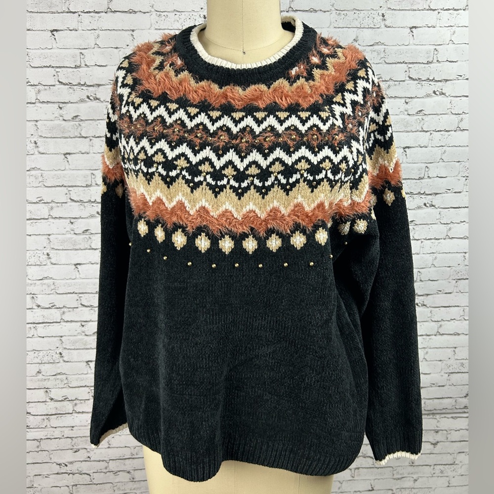 Alfred Dunner | Black and Orange Knitted Patterned Beaded Sweater size M